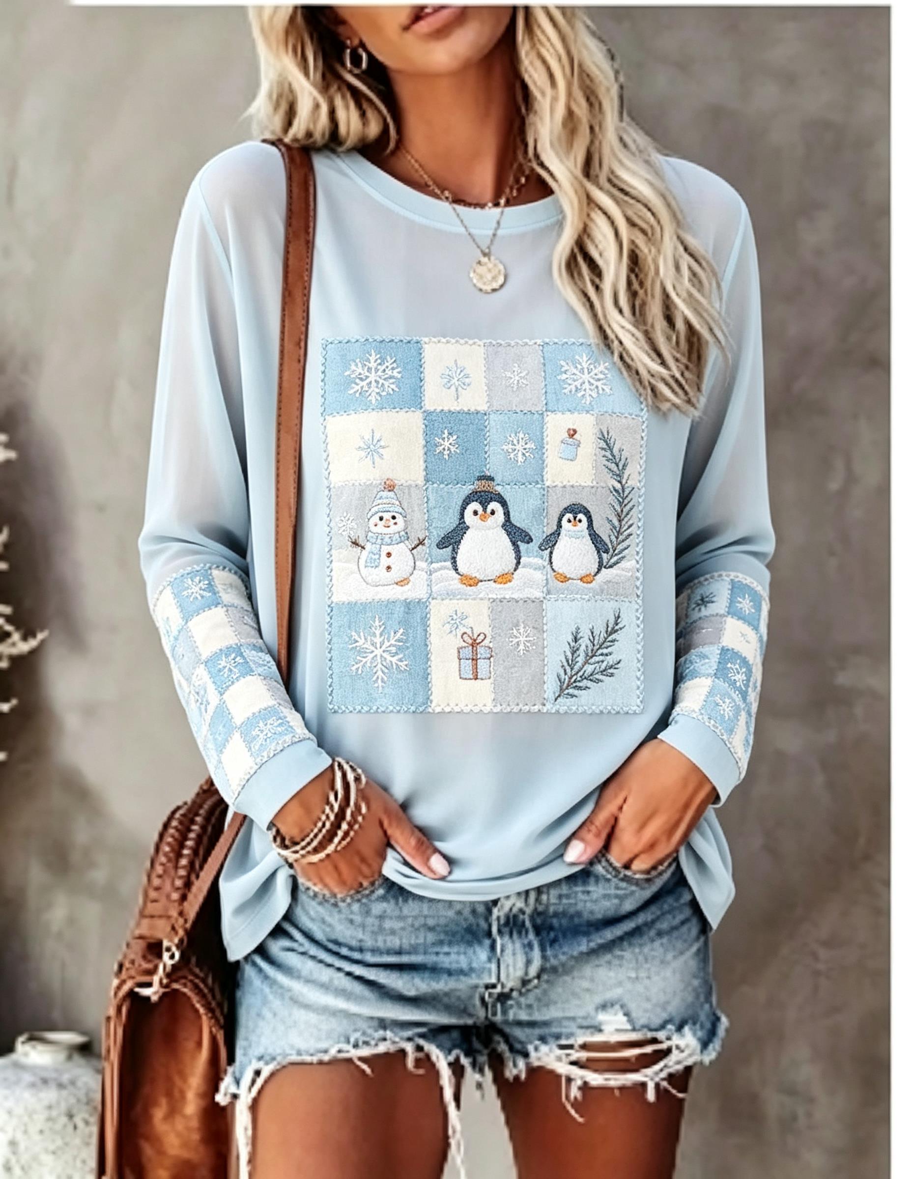 Wallpaper - Damen-Langarm-T-Shirt mit Fuchs-Kaninchen-Patchwork, Rautenmuster, Tannenzapfen-, Beeren-
